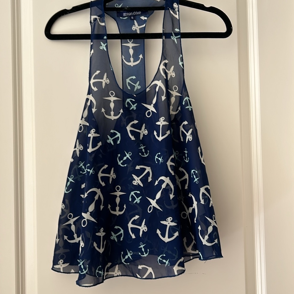 Ocean Drive nautical sheer Anchor print flowy racerback tank top size S blue